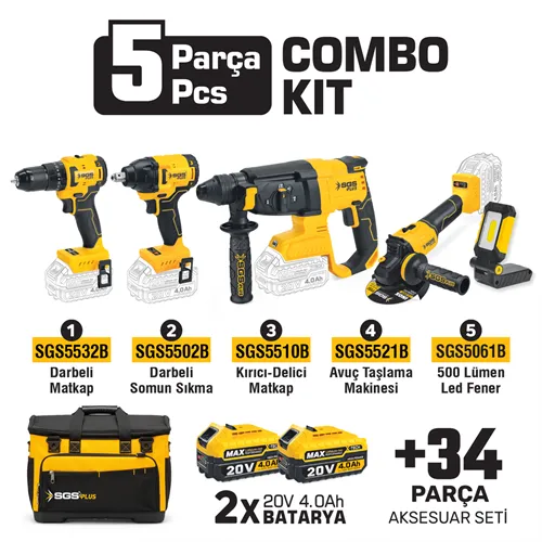 COMBO SET 5 PARÇA (Darbeli Matkap/Kırıcı-Delici Matkap/Avuç Taslama Makinesi/Darbeli Somun Sıkma/Led